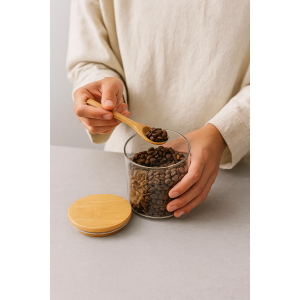 POTE DE VIDRO COM COLHER DE BAMBU 600ML