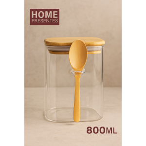 POTE DE VIDRO COM COLHER DE BAMBU 800ML