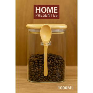 POTE DE VIDRO COM COLHER DE BAMBU 1000ML