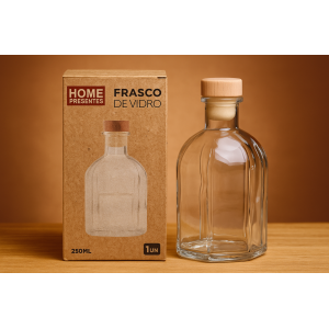 FRASCO DE VIDRO COM TAMPA DE MADEIRA 250ML
