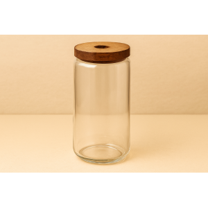 POTE DE VIDRO COM TAMPA DE MADEIRA 1300ML 10X25CM