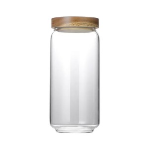 POTE DE VIDRO COM TAMPA DE MADEIRA 20X10CM