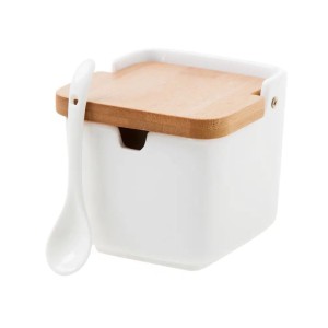 AÇUCAREIRO DE PORCELANA COM TAMPA DE BAMBU