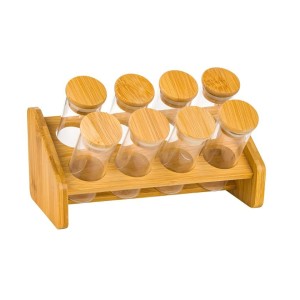 JOGO DE PORTA CONDIMENTO DE VIDRO E BAMBU 8 POTES