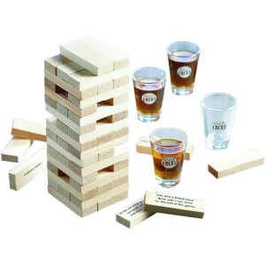 JOGO DE MADEIRA JENGA COM 4 COPOS DE DOSE DE VIDRO HM6596